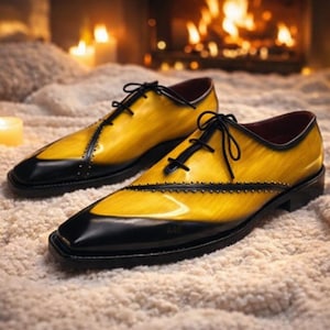 Chaussures richelieu en cuir italiennes faites à la main - Chaussures habillées de luxe pour hommes jaunes et noires image 1