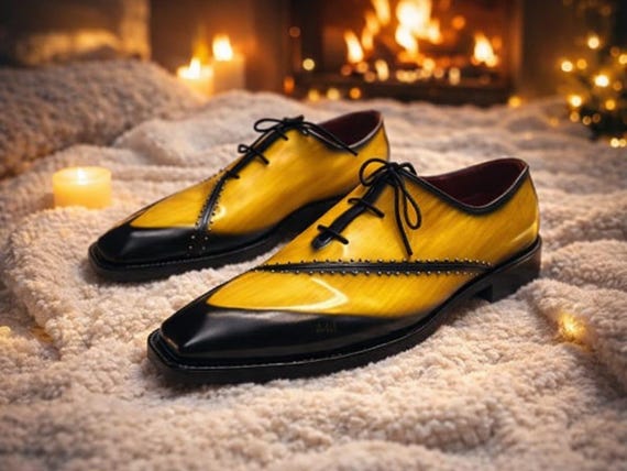 Handmade Italian Leather Oxford Shoes – Men’s Luxury Yellow & Black Statement Dress Shoes