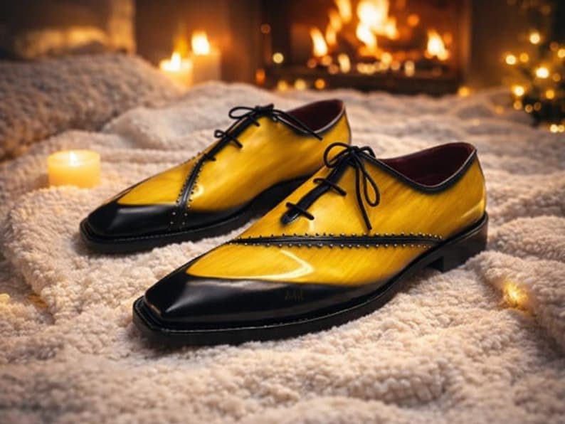 Chaussures richelieu en cuir italiennes faites à la main - Chaussures habillées de luxe pour hommes jaunes et noires image 1