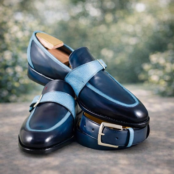 Bespoke Two-tone Blue Leather Monk Strap Loafers – Handmade 