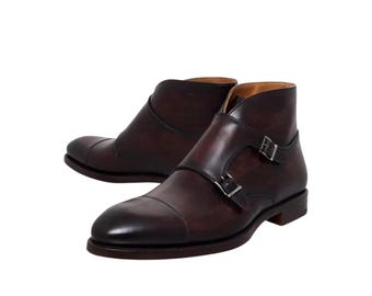 Men’s Handmade Brown Leather Double Monk Strap Boots | Formal Dress Shoes