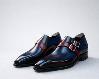 Handcrafted Men’s Monk Strap Leather Shoes – Blue & Burgundy Formal Wear