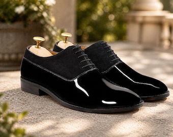 Handmade Black Patent Leather Oxford Shoes | Velvet Suede Finish