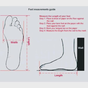 Op de afbeelding: Diagram met uitleg over het meten van voetlengte en -breedte. De afbeelding bevat een voetomtrek met gelabelde afmetingen en instructies: "Meet de lengte van je voet." De tekst bevat ook stappen voor het meten van de voetlengte.