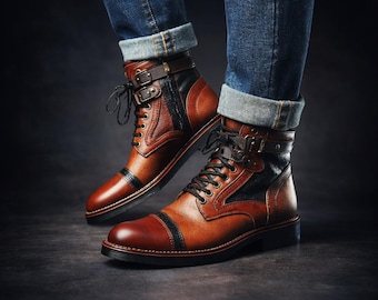Men’s Two-Tone Leather Lace-Up Boots – Vintage Cap-Toe Ankle Boots