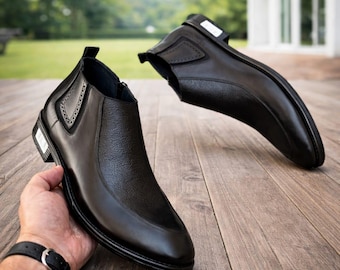 Men’s Black Leather Chelsea  – Handmade Ankle Boots | Formal & Casual Slip-On Dress Shoes