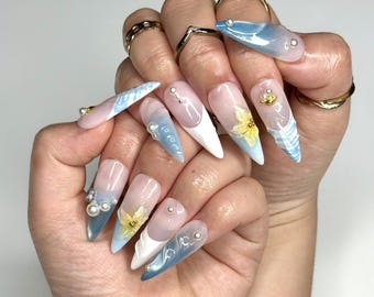 Oceanic Glam Press On Nails | Ripple & 3D Floral | Y2K Pastel Summer | Bold Beach Vacation | Long Stiletto Mermaid Nail | TB91DG