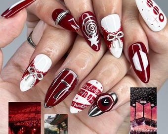 Uñas postizas Arirang Cupid Voyage inspiradas en Kpop / 7 Spirit Press Ons / Uñas estilo streetwear rojo, blanco y plateado / Uñas para fans del hip hop / TC60IK