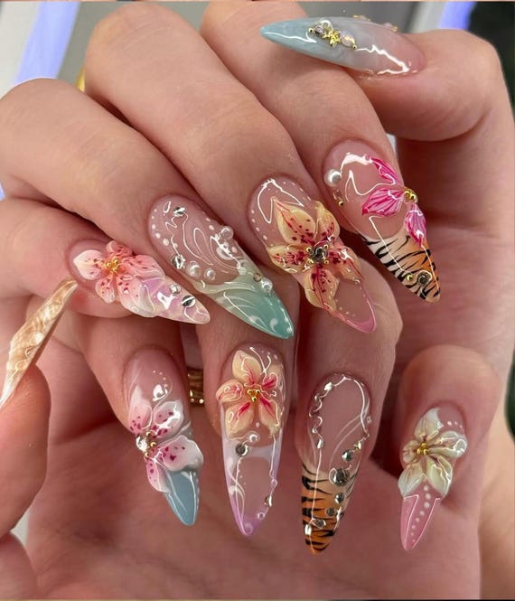 Tropical Glam Press On Nails | Floral & Tiger Nail Art | Y2K Pastel Summer Nails | Bold Vacation Nails | Long Stiletto Leopard Nail | TB03H
