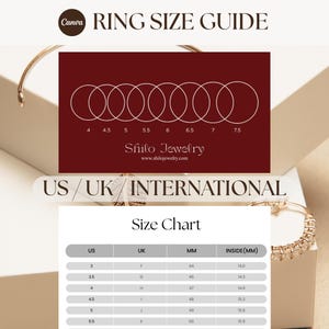 Può includere: Guida alle taglie degli anelli con una tabella che mostra le taglie USA, Regno Unito e internazionali. La guida include diagrammi delle taglie degli anelli e una tabella di conversione con misure in millimetri. Viene visualizzato anche il logo e il sito web di Shilo Jewelry.