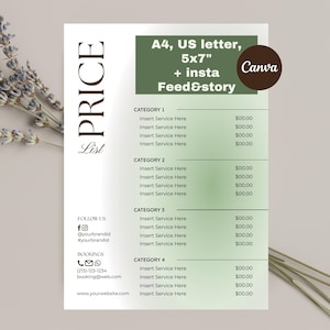 Può includere: Un modello di listino prezzi su sfondo bianco con accenti verdi e marroni. Il testo include "PRICE List" e "A4, US letter, 5x7" + insta Feed&story". Il modello è progettato con sezioni per categorie di servizi e prezzi.