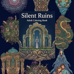 Może przedstawiać: Kolorowanka dla dorosłych zatytułowana "Silent Ruins" na ciemnoniebieskim tle. Okładka przedstawia szczegółowe ilustracje ruin, postaci i elementów niebieskich w odcieniach brązu, zieleni i niebieskiego. Grafika ma motyw fantasy.