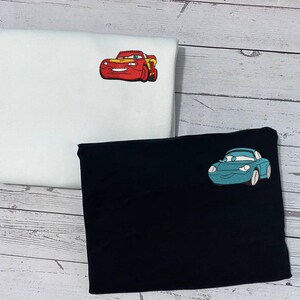 Lightning McQueen and Sally Carrera Embroidered Sweatshirt, Disney Cars Couple Matching Pullover with Initial Heart Sleeve, Fan Gift bild 2