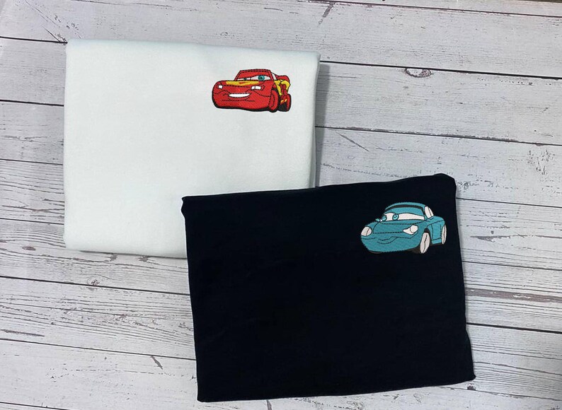 Lightning McQueen and Sally Carrera Embroidered Sweatshirt, Disney Cars Couple Matching Pullover with Initial Heart Sleeve, Fan Gift bild 2