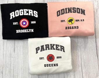 Sudadera bordada de Marvel Rogers Parker Odinson, estilo universitario de superhéroes, cuello redondo, regalo para fans de Capitán América, Spider-Man y Thor.