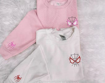 Custom Spider-Man and Ghost Spider Eyes Embroidered Sweatshirt, Superhero Couple Matching Pullover with Spider Logo Sleeve, Movie Fan Gift