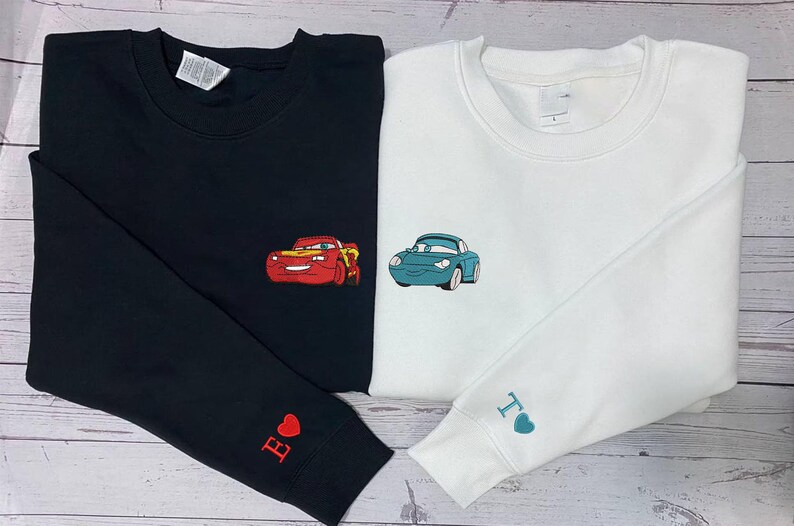 Lightning McQueen and Sally Carrera Embroidered Sweatshirt, Disney Cars Couple Matching Pullover with Initial Heart Sleeve, Fan Gift bild 1