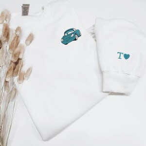 Lightning McQueen and Sally Carrera Embroidered Sweatshirt, Disney Cars Couple Matching Pullover with Initial Heart Sleeve, Fan Gift bild 4