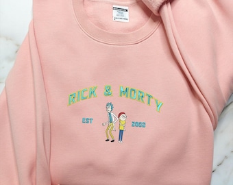 Sudadera bordada de Rick y Morty, sudadera rosa de cuello redondo inspirada en Adult Swim, regalo divertido para fans de dibujos animados de ciencia ficción, sudadera universitaria