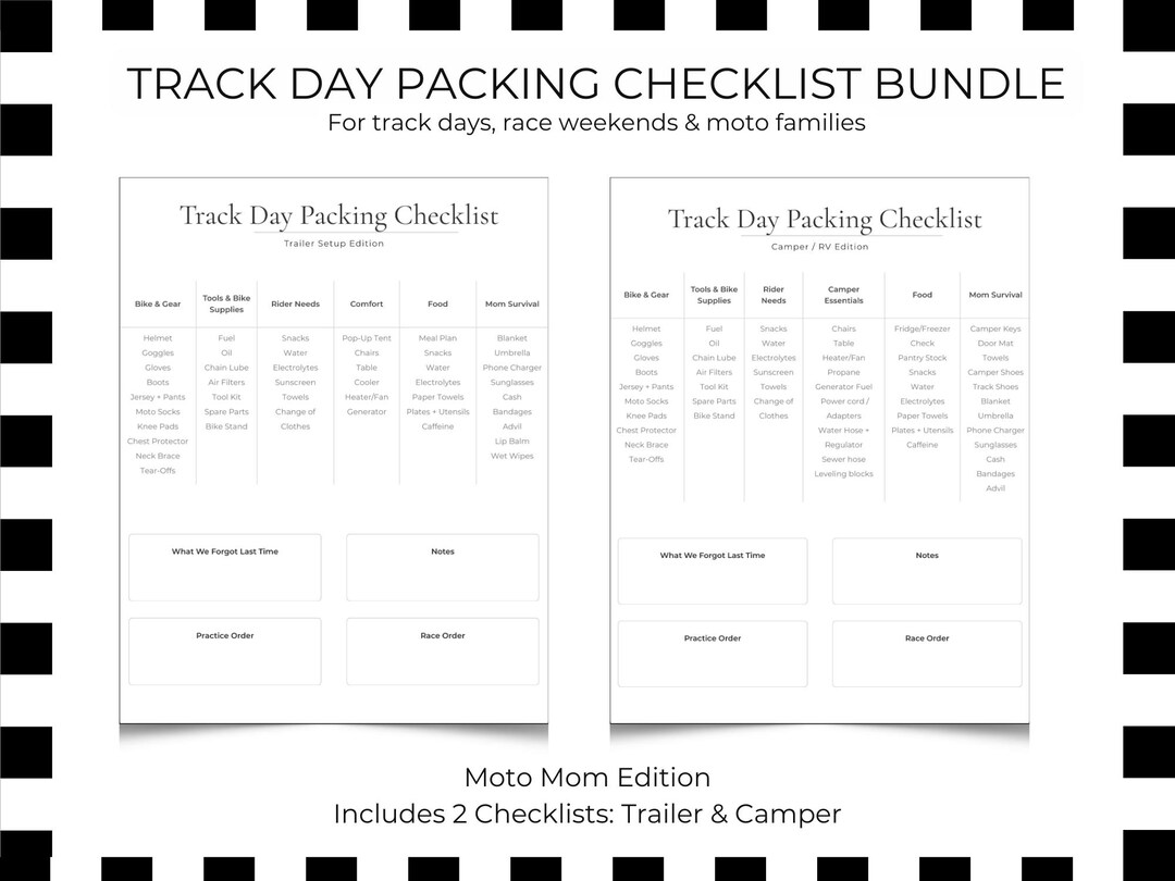Track Day Packing Checklist Bundle | Moto Mom Race Weekend Printable ...