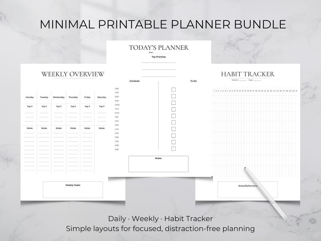 Minimal Printable Planner Bundle | Daily Weekly Habit Tracker | Simple ...