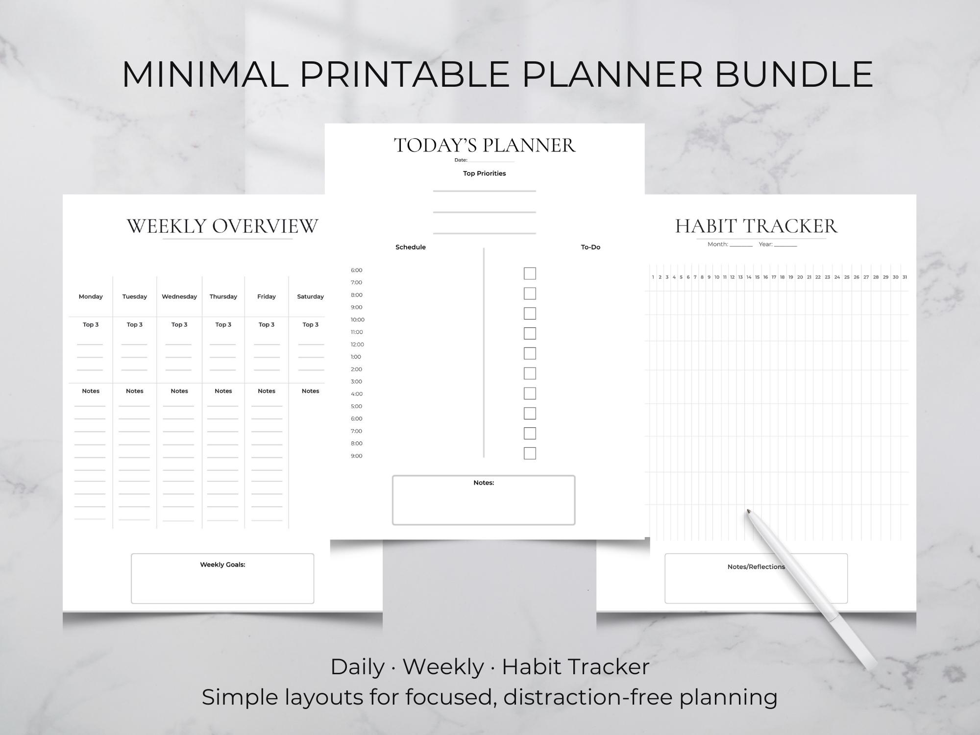 Minimal Printable Planner Bundle | Daily Weekly Habit Tracker | Simple ...