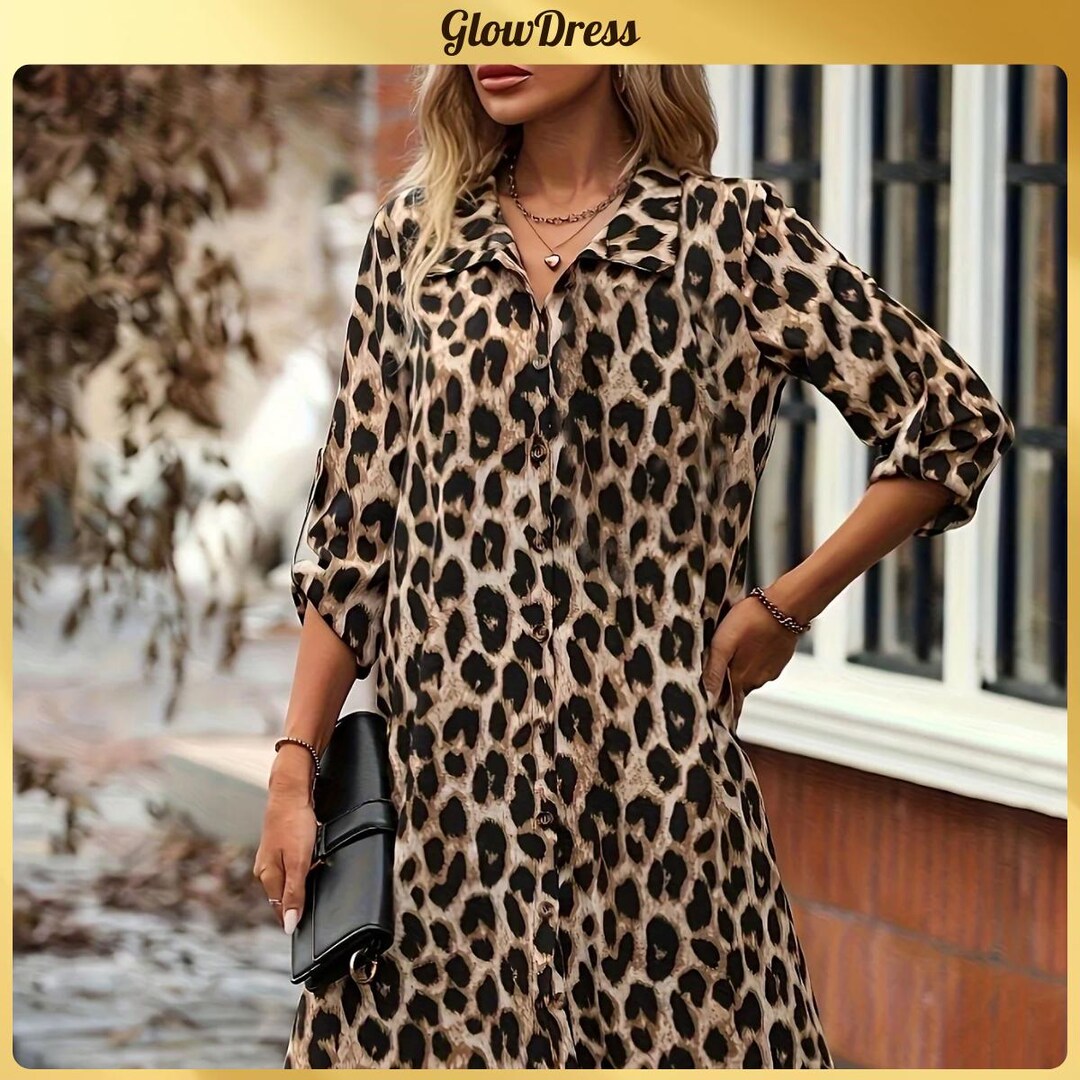 Leopard Print Shirt Dress For Women Button Front Midi Dress Casual 