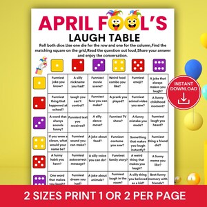 以下が含まれることがあります： 質問とサイコロのアイコンのグリッドを備えた、印刷可能なエイプリルフールの笑いのテーブルゲーム。このゲームは会話と笑いを促します。タイトルは大きくカラフルな文字で、ゲームは2つのサイズで利用できます。