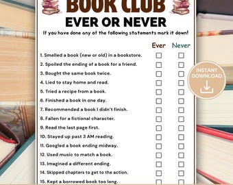Book Club Never Have I Ever Game, Book Club Party Game, Bookish Icebreaker Game, Reading Group Activity, Book Club Ever or Never Game