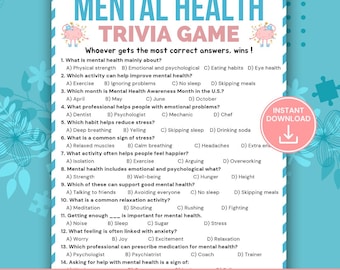 Mental Health Trivia Game, Mental Health Awareness Quiz, Wellness Activity for Teens & Adults, Therapy Group Game, Classroom Wellness Game