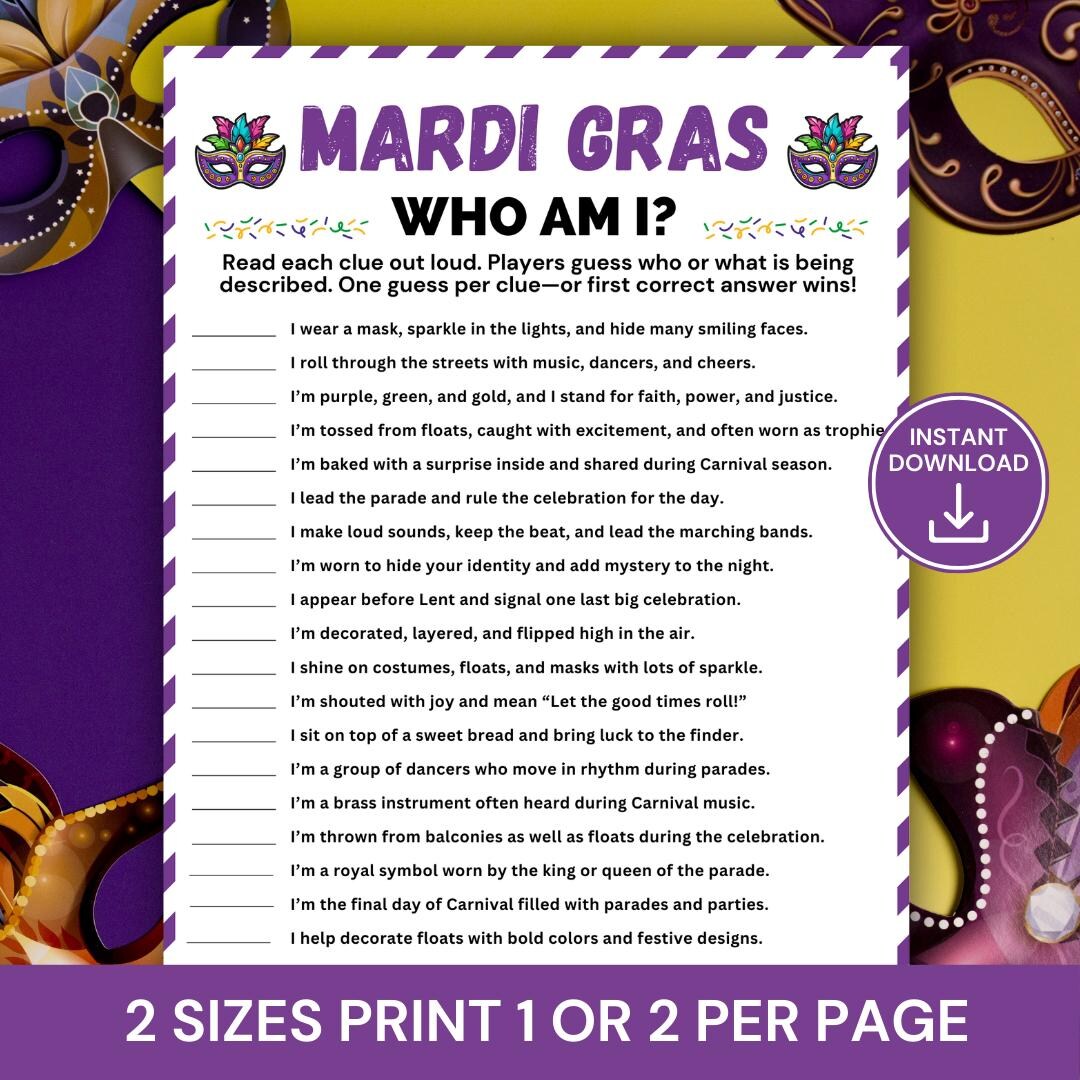 Fat Riddle Character Mardi Gras Who I Am Game, Printable Carnival Riddle Game, Guess the ...