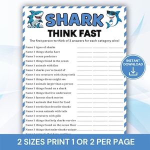 May include: A white game sheet titled SHARK THINK FAST with blue striped borders. It features two cartoon sharks, one wearing sunglasses. The text lists 18 categories for naming 3 items each, with dotted lines for writing answers and an INSTANT DOWNLOAD icon.