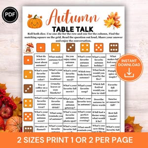 Op de afbeelding: Een Autumn Table Talk spelblad met een raster met dobbelsteenpictogrammen voor rijen en kolommen. De tekst bevat instructies voor het gooien met dobbelstenen om gespreksvragen over herfstthema's te selecteren, versierd met oranje pompoenafbeeldingen.