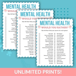 Może przedstawiać: Trzy białe arkusze do wydruku "Mental Health Would You Rather?" z turkusowymi akcentami. Każdy arkusz zawiera listę opcji do autorefleksji. Na dole znajduje się fraza "Nieograniczone wydruki!"
