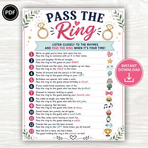 May include: A printable game card titled PASS THE RING with a pink script font and dark blue text. It features thirteen numbered rhyming instructions for a party activity, decorated with small colorful icons like a heart, star, and ring.