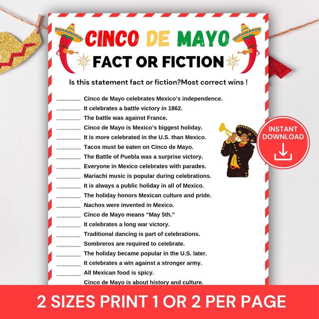 Cinco De Mayo Fact or Fiction Game, True or False Fiesta Quiz, Cinco De ...
