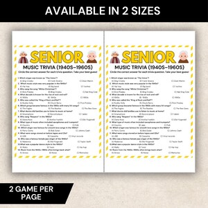 May include: A two-page game sheet titled "Senior Music Trivia (1940s-1960s)" with multiple-choice questions. The top of the sheet features a cartoon of an elderly person. The text "Available in 2 Sizes" is at the top.