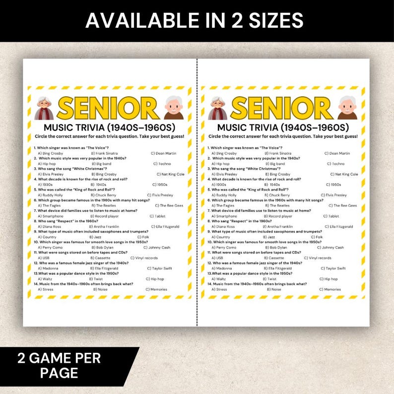 May include: A two-page game sheet titled "Senior Music Trivia (1940s-1960s)" with multiple-choice questions. The top of the sheet features a cartoon of an elderly person. The text "Available in 2 Sizes" is at the top.