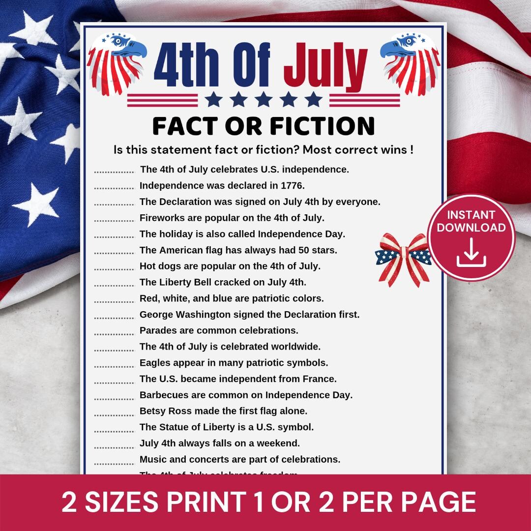 4th of July Fact or Fiction Game, Independence Day Trivia Game ...