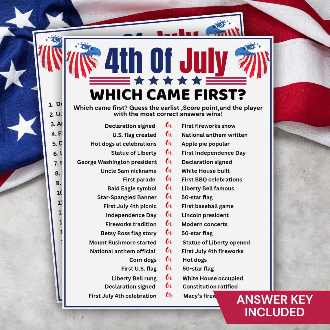 4th of July Which Came First Game, Independence Day Trivia Game ...