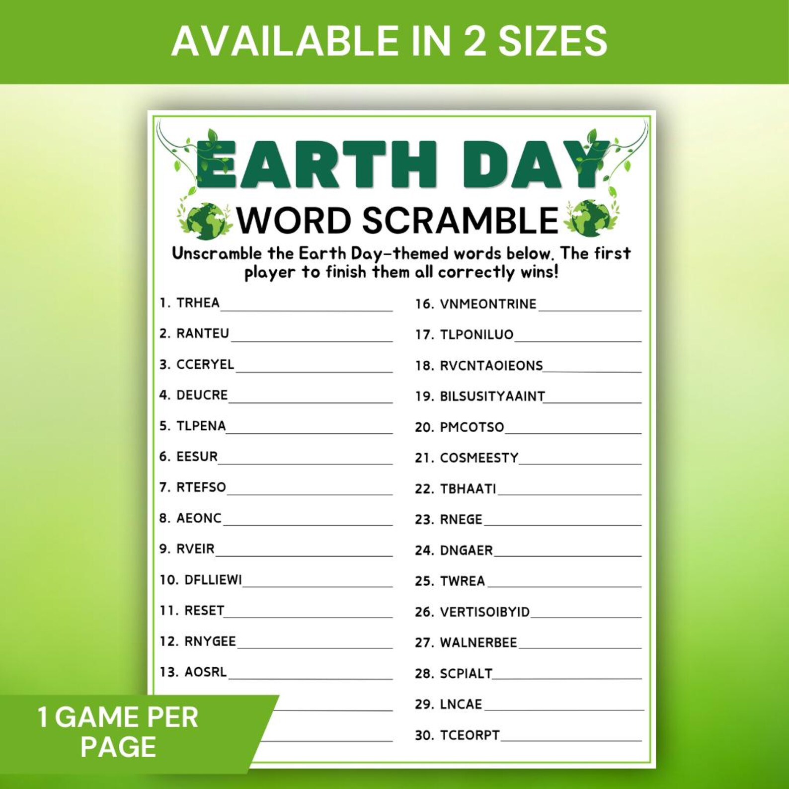 Earth Day Word Scramble Game, Earth Day Activity for Kids Adults ...