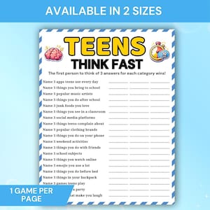 Teens Think Fast Game Printable, Teen Party Game, Quick Thinking ...