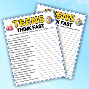 Teens Think Fast Game Printable, Teen Party Game, Quick Thinking ...