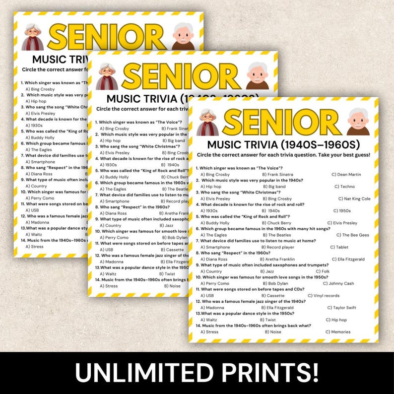May include: A yellow and white Senior Music Trivia game sheet with multiple-choice questions about music from the 1940s-1960s. The sheet includes questions about singers, music styles, and devices used to listen to music.