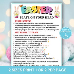 May include: A printable Easter game with instructions for drawing on a paper plate. The title "Easter Plate on Your Head" is in colourful letters. Includes illustrations of bunnies, eggs, and a butterfly. Features an "Instant Download" button.