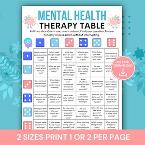May include: A printable Mental Health Therapy Table with questions to promote self-reflection. The design features a grid of questions, dice icons, and the words "Instant Download". The text is in a teal and purple colour scheme.