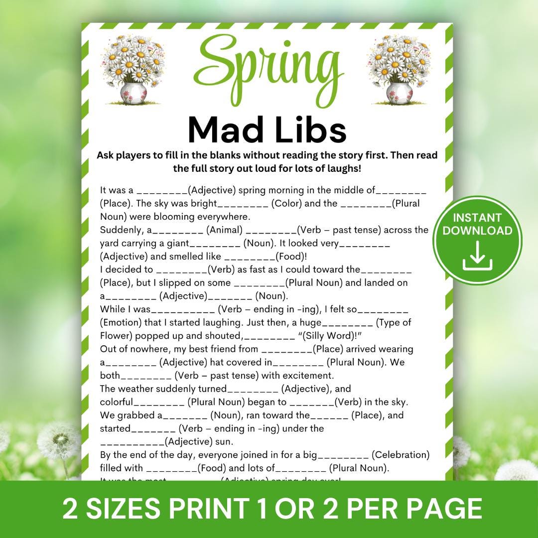 Spring Mad Libs Game, Printable Spring Party Game for Kids & Adults ...