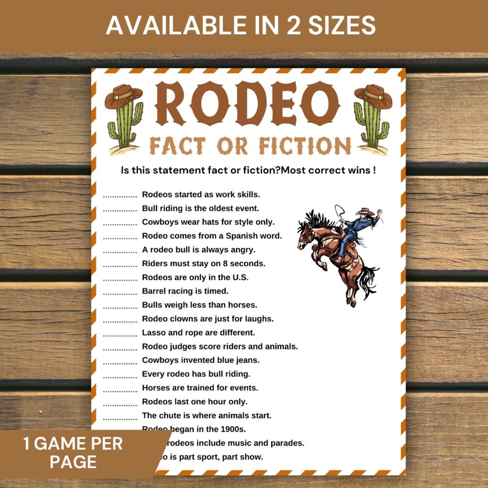 Funny Rodeo Games Rodeo Fact or Fiction Game, Printable Western True or False Quiz ...