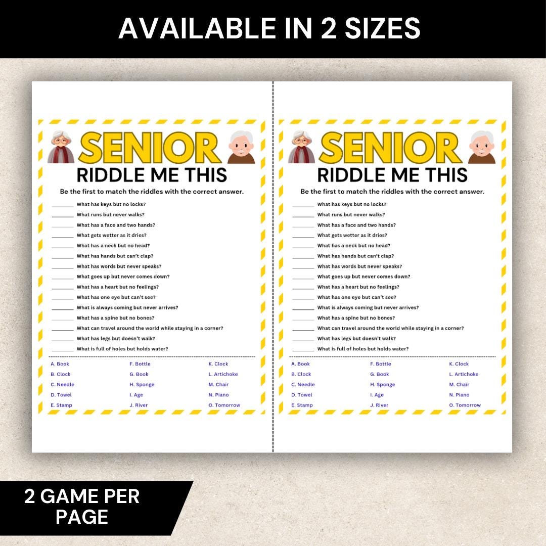 Senior Riddle Printabl Senior Riddle Game, Riddle Me This Matching Game, Brain Teaser Game for ...