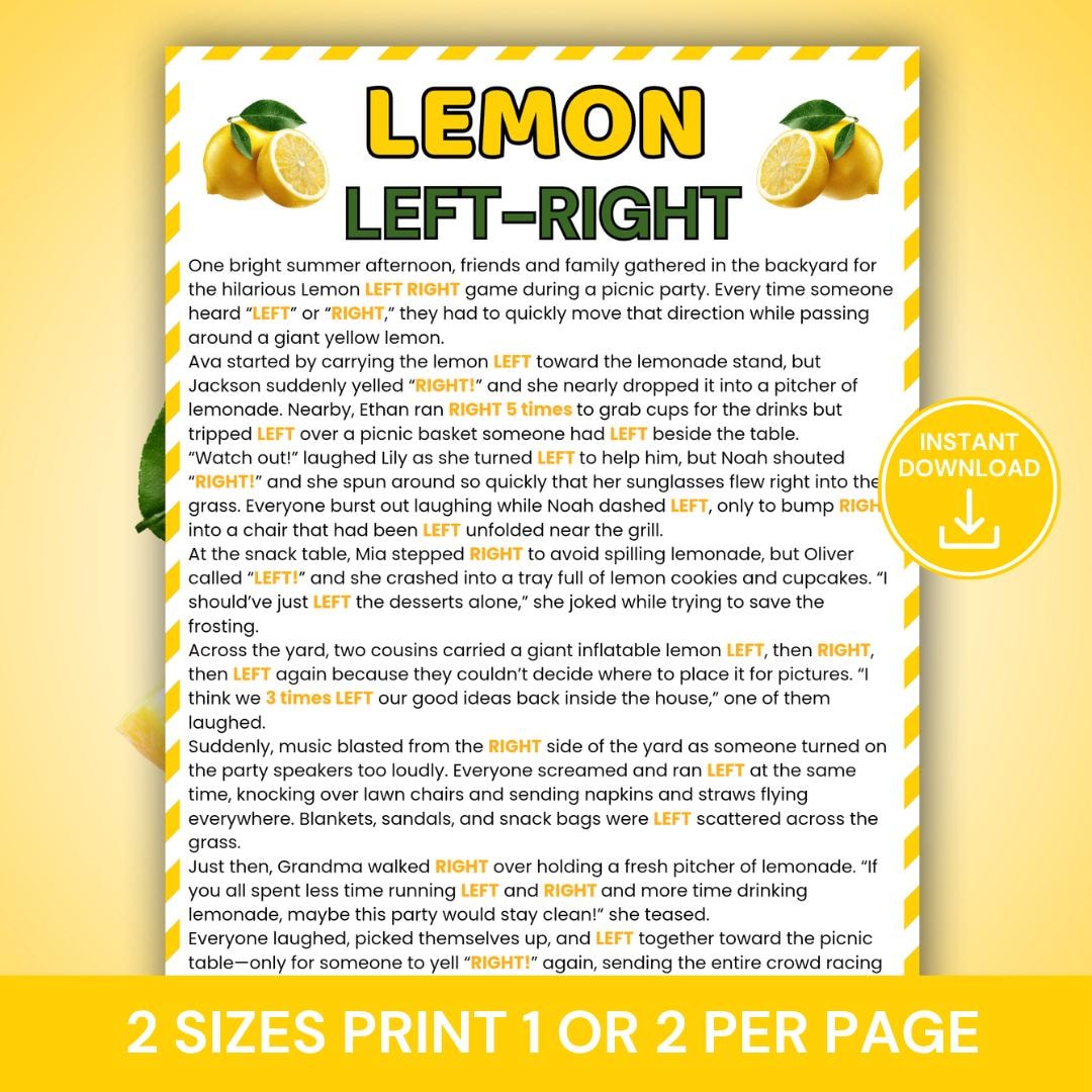 Lemon Left Right Game, Lemon Theme Party Game, Pass the Prize Printable ...